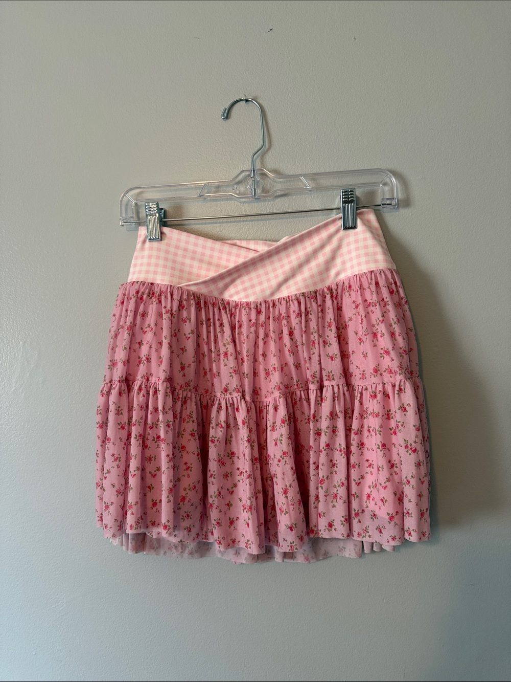 Pink Floral Tiered Mini Skort with Gingham Waistband